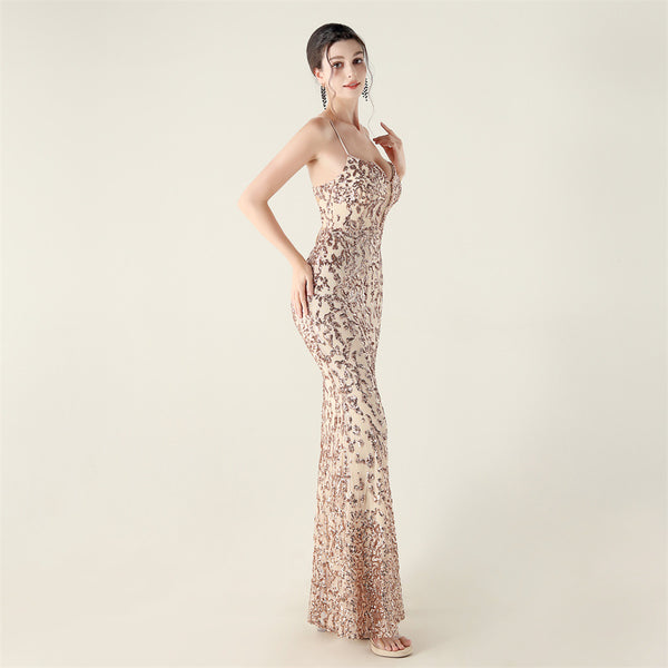 Deep V Neckline Gown with Bustier Lacing, Beading & Sequins