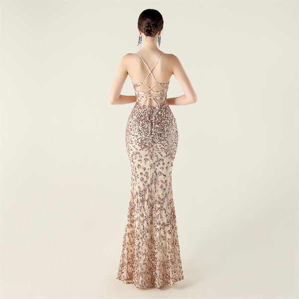 Deep V Neckline Gown with Bustier Lacing, Beading & Sequins