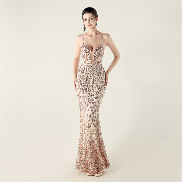 Deep V Neckline Gown with Bustier Lacing, Beading & Sequins