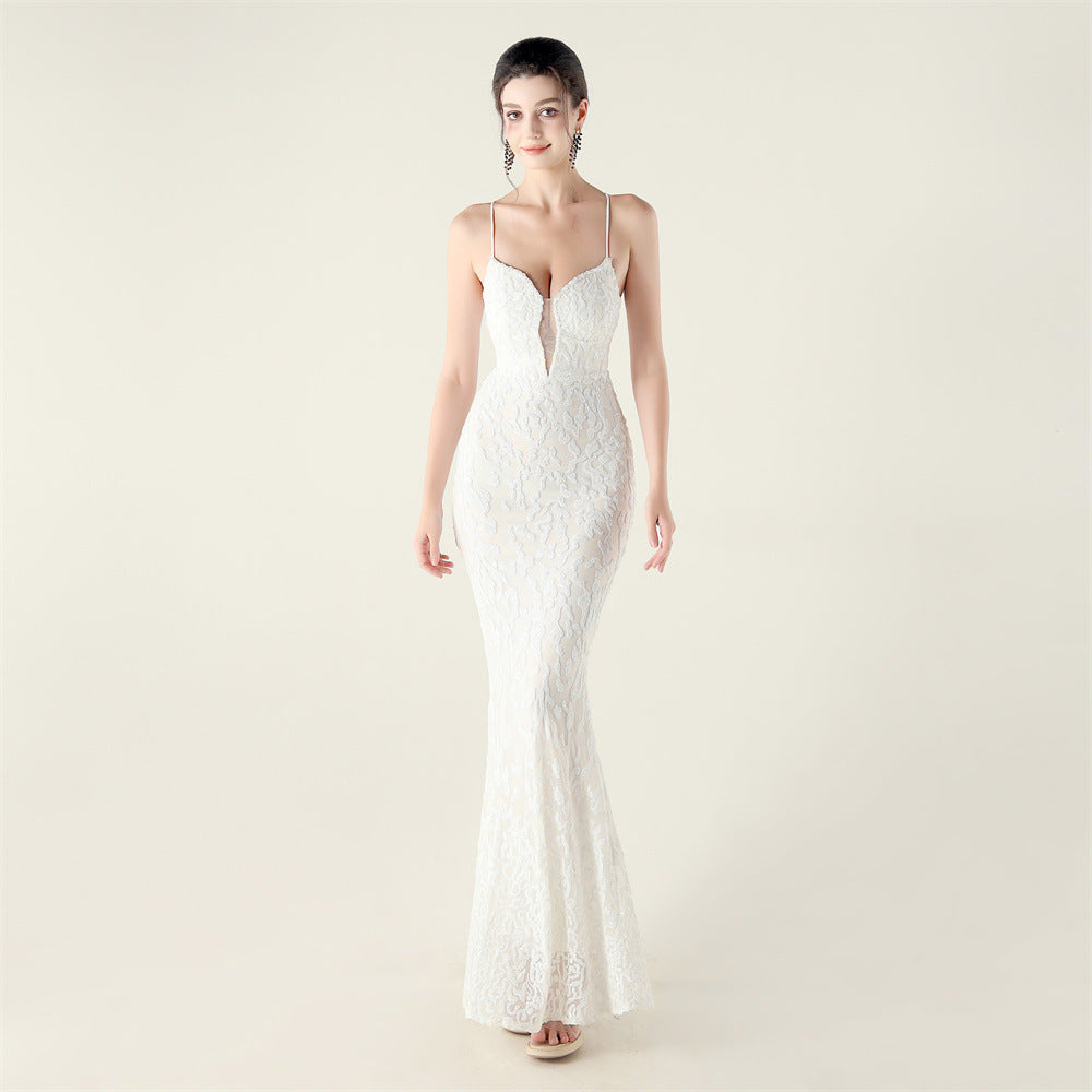 Deep V Neckline Gown with Bustier Lacing, Beading & Sequins