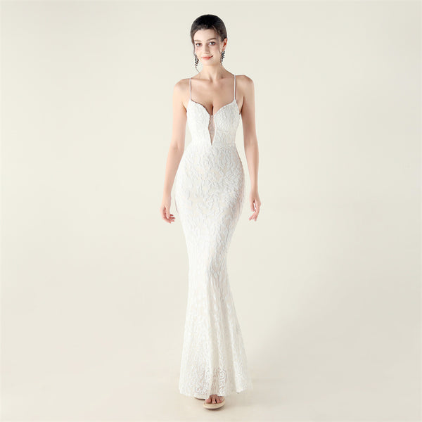 Deep V Neckline Gown with Bustier Lacing, Beading & Sequins