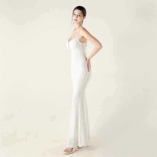 Deep V Neckline Gown with Bustier Lacing, Beading & Sequins