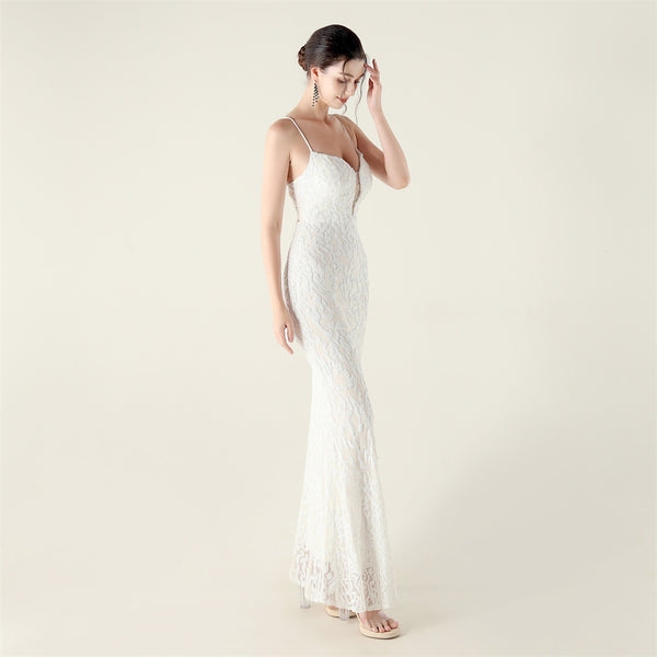 Deep V Neckline Gown with Bustier Lacing, Beading & Sequins