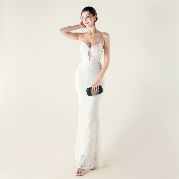 Deep V Neckline Gown with Bustier Lacing, Beading & Sequins
