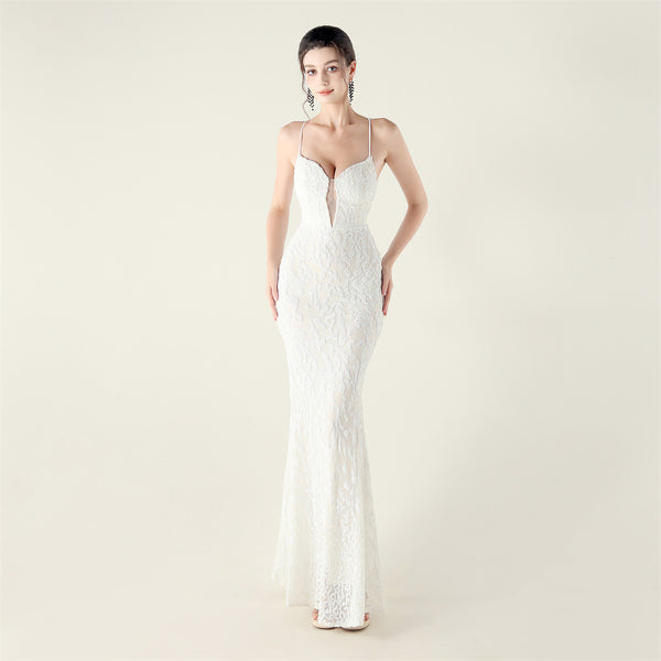 Deep V Neckline Gown with Bustier Lacing, Beading & Sequins