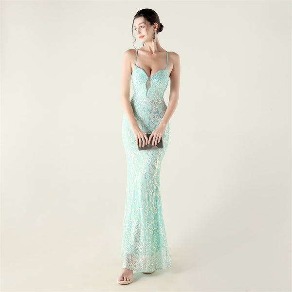 Deep V Neckline Gown with Bustier Lacing, Beading & Sequins