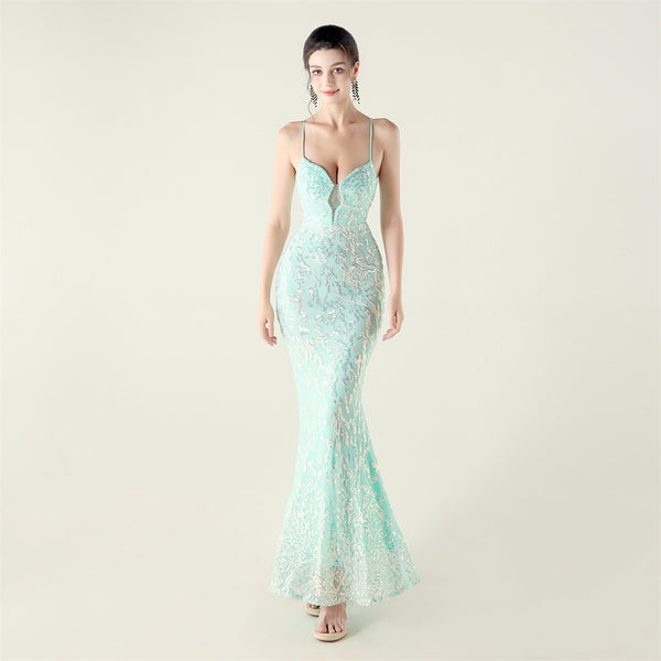 Deep V Neckline Gown with Bustier Lacing, Beading & Sequins