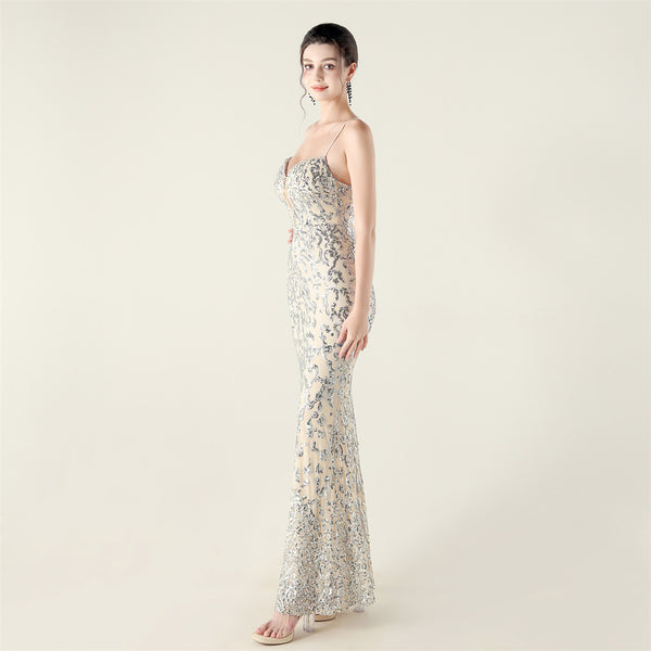 Deep V Neckline Gown with Bustier Lacing, Beading & Sequins