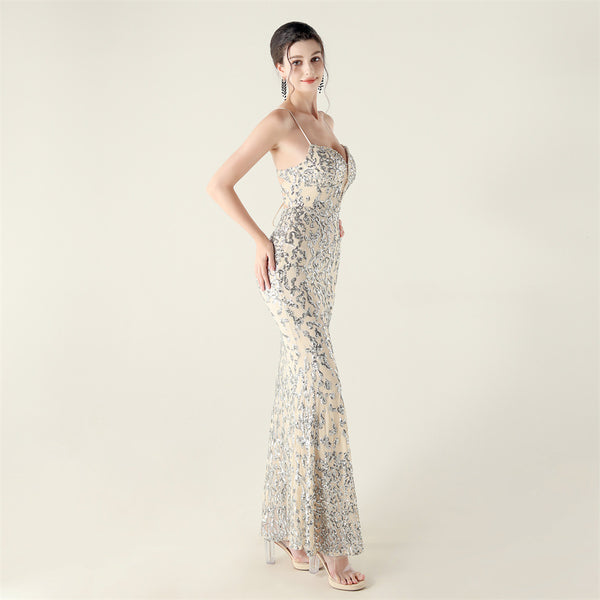 Deep V Neckline Gown with Bustier Lacing, Beading & Sequins