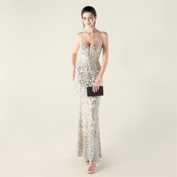 Deep V Neckline Gown with Bustier Lacing, Beading & Sequins