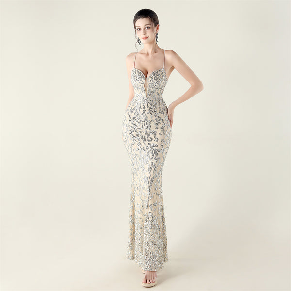 Deep V Neckline Gown with Bustier Lacing, Beading & Sequins