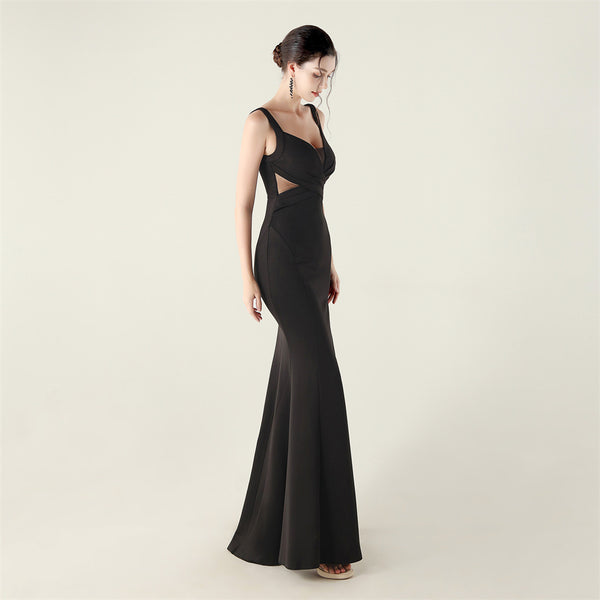 2025 Deep V Neck Gown with Criss-Cross Pleating & Sheer Mesh