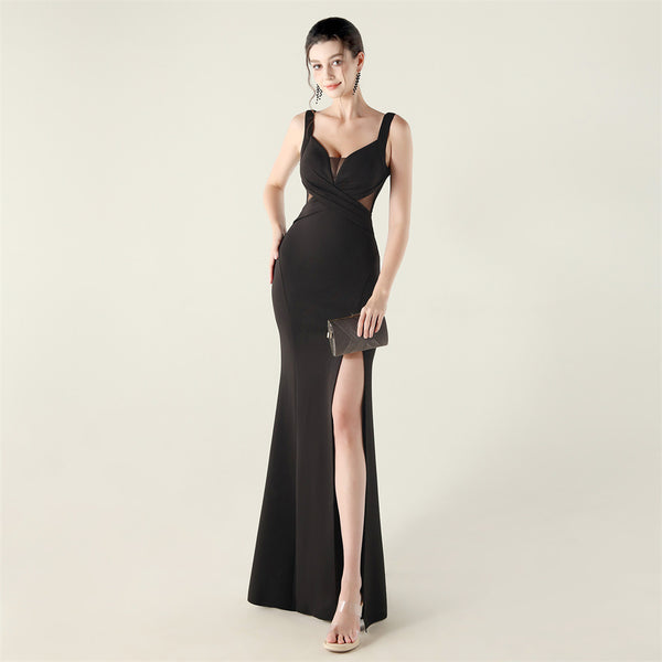 2025 Deep V Neck Gown with Criss-Cross Pleating & Sheer Mesh