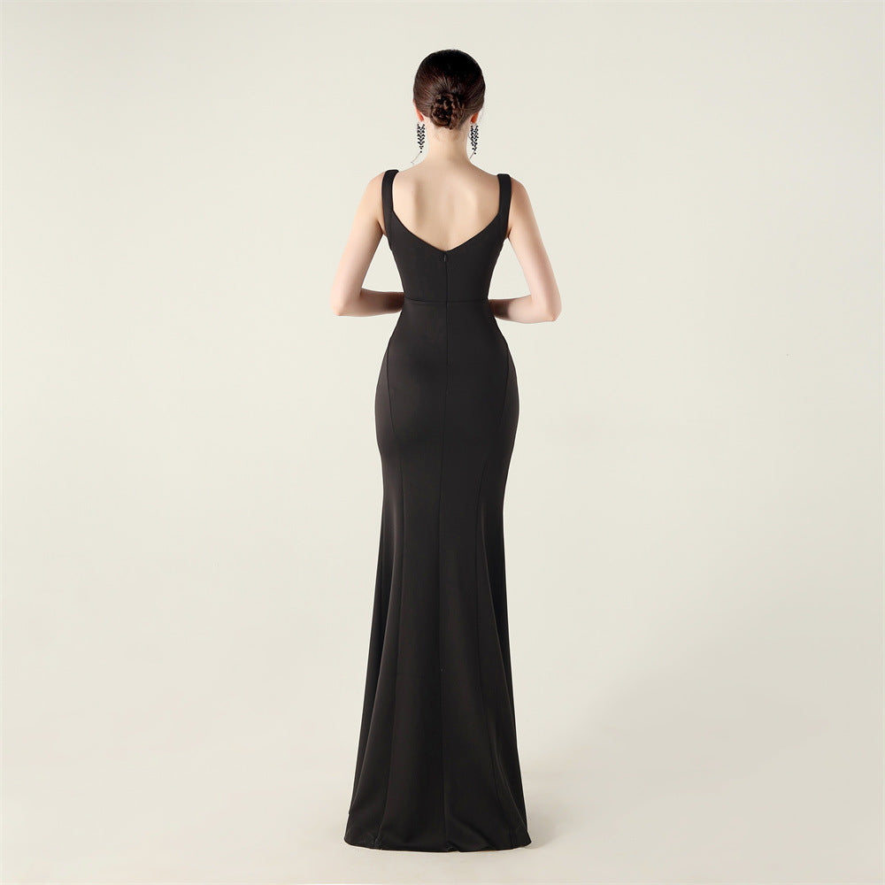 2025 Deep V Neck Gown with Criss-Cross Pleating & Sheer Mesh