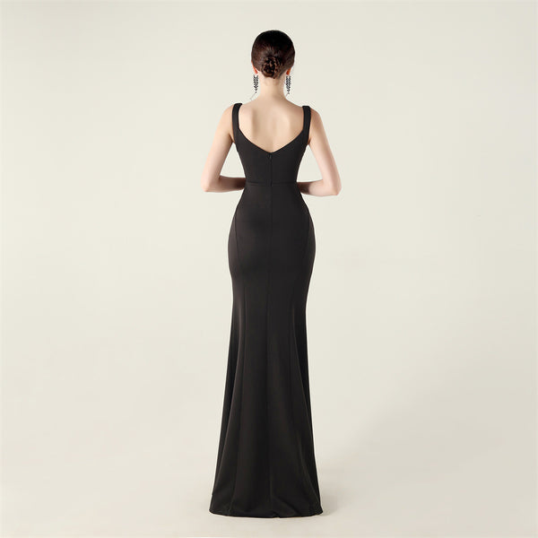2025 Deep V Neck Gown with Criss-Cross Pleating & Sheer Mesh