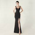 2025 Deep V Neck Gown with Criss-Cross Pleating & Sheer Mesh