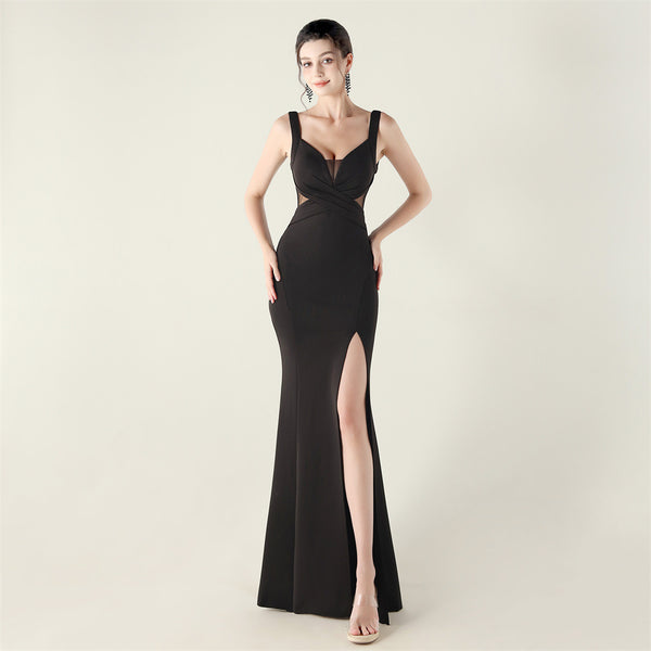 2025 Deep V Neck Gown with Criss-Cross Pleating & Sheer Mesh