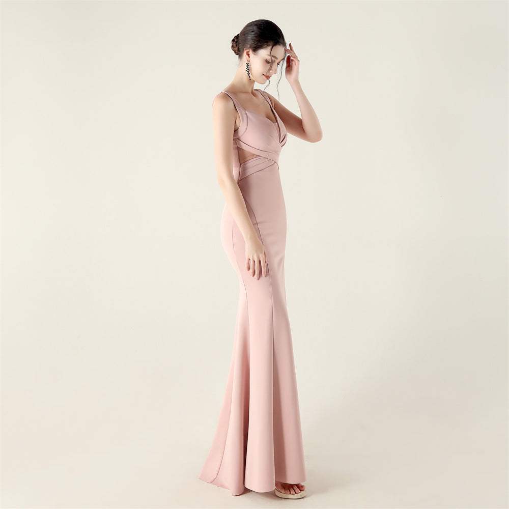 2025 Deep V Neck Gown with Criss-Cross Pleating & Sheer Mesh