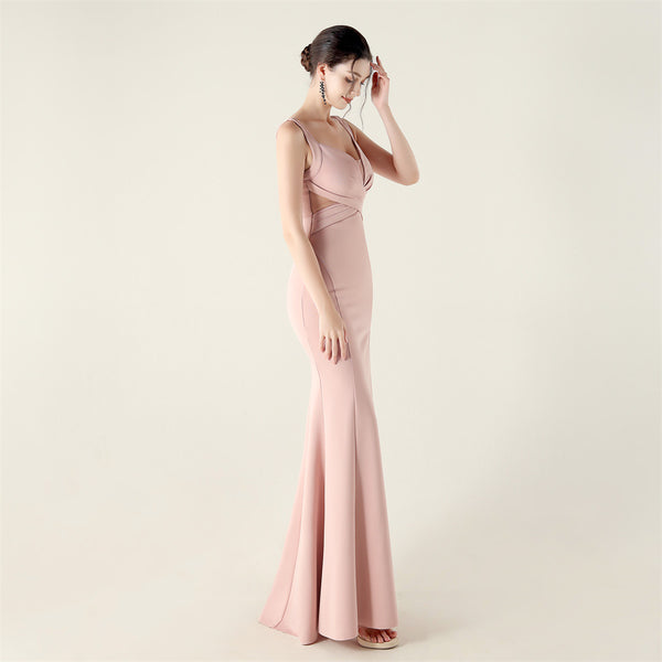 2025 Deep V Neck Gown with Criss-Cross Pleating & Sheer Mesh