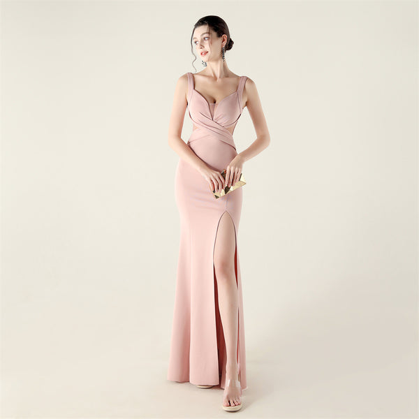 2025 Deep V Neck Gown with Criss-Cross Pleating & Sheer Mesh