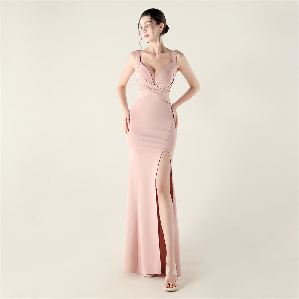 2025 Deep V Neck Gown with Criss-Cross Pleating & Sheer Mesh