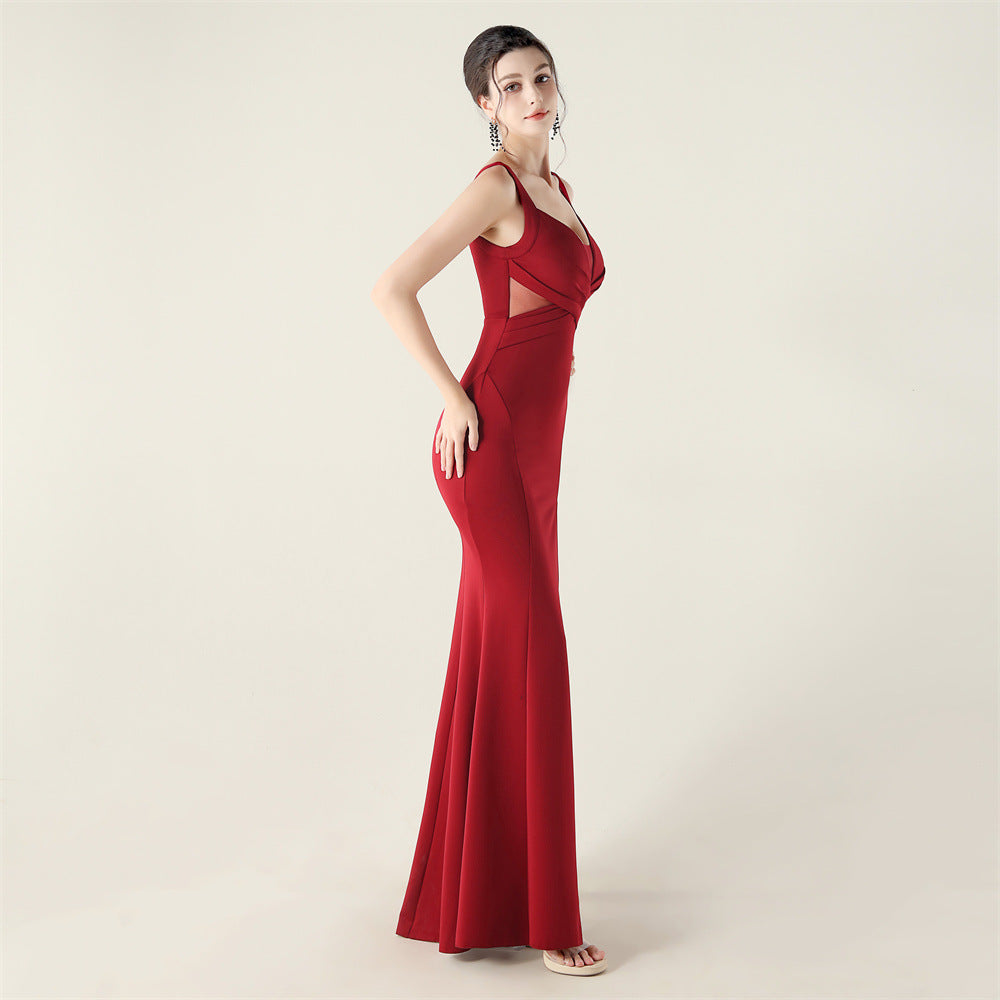 2025 Deep V Neck Gown with Criss-Cross Pleating & Sheer Mesh