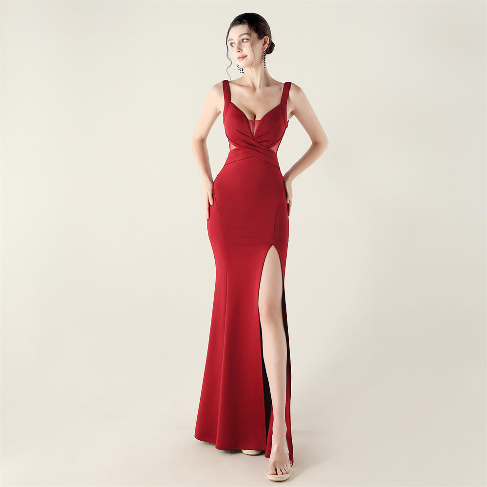 2025 Deep V Neck Gown with Criss-Cross Pleating & Sheer Mesh