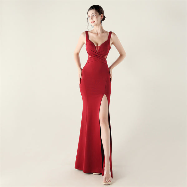2025 Deep V Neck Gown with Criss-Cross Pleating & Sheer Mesh