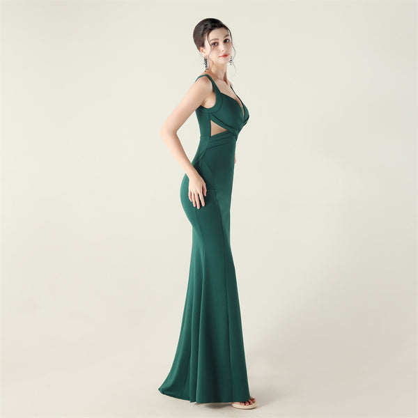 2025 Deep V Neck Gown with Criss-Cross Pleating & Sheer Mesh