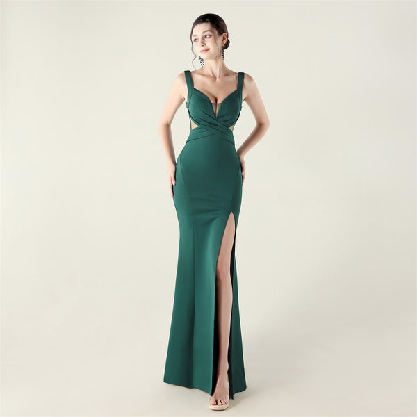 2025 Deep V Neck Gown with Criss-Cross Pleating & Sheer Mesh