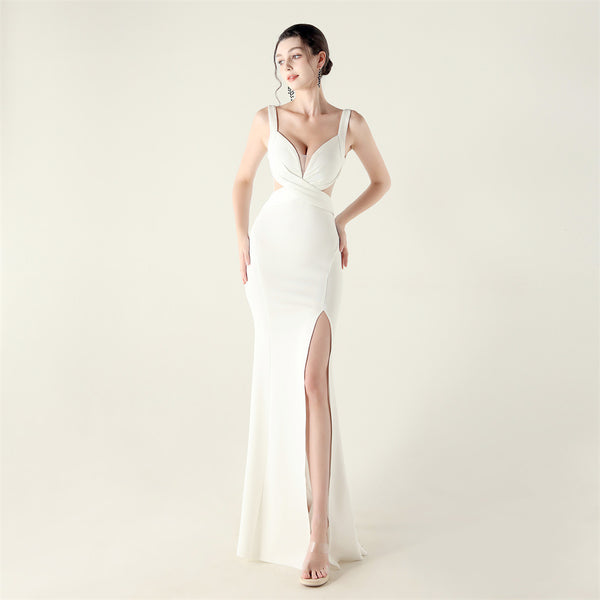 2025 Deep V Neck Gown with Criss-Cross Pleating & Sheer Mesh