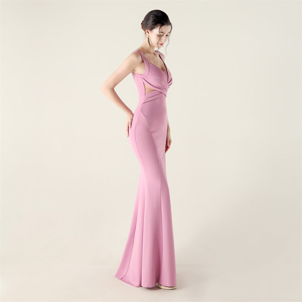 2025 Deep V Neck Gown with Criss-Cross Pleating & Sheer Mesh