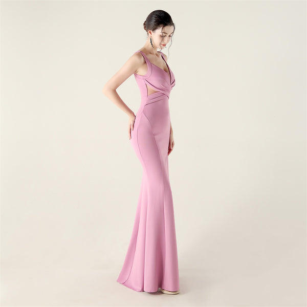 2025 Deep V Neck Gown with Criss-Cross Pleating & Sheer Mesh