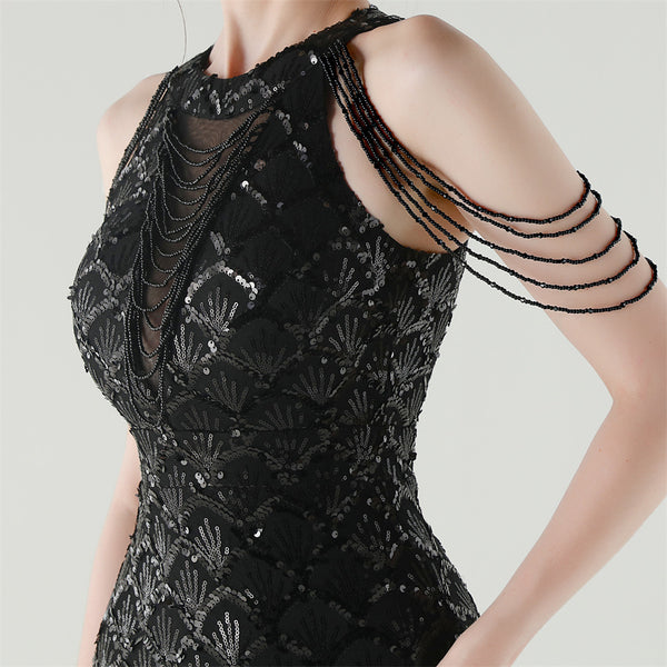 2025 High-Neck Draped Gown with Chain Detail & Scale Sequins