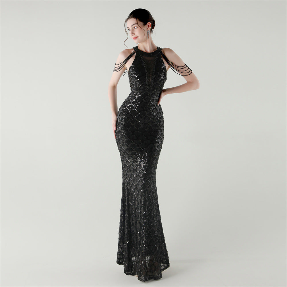 2025 High-Neck Draped Gown with Chain Detail & Scale Sequins