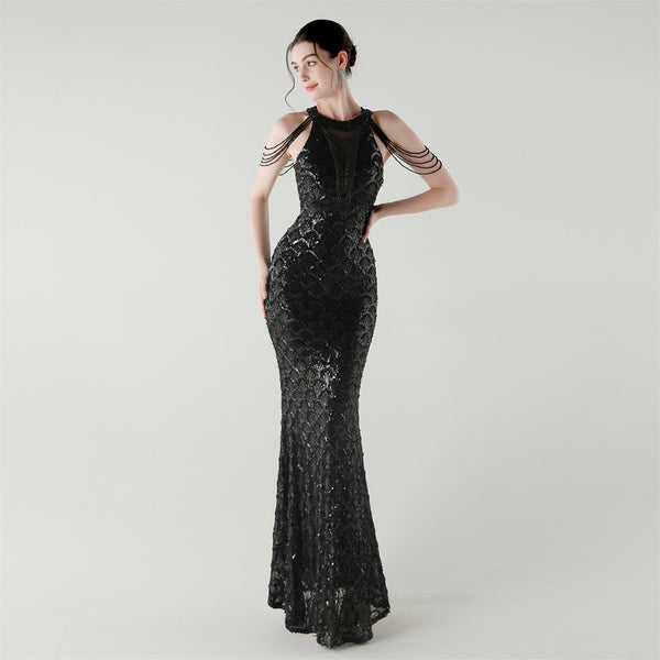 2025 High-Neck Draped Gown with Chain Detail & Scale Sequins