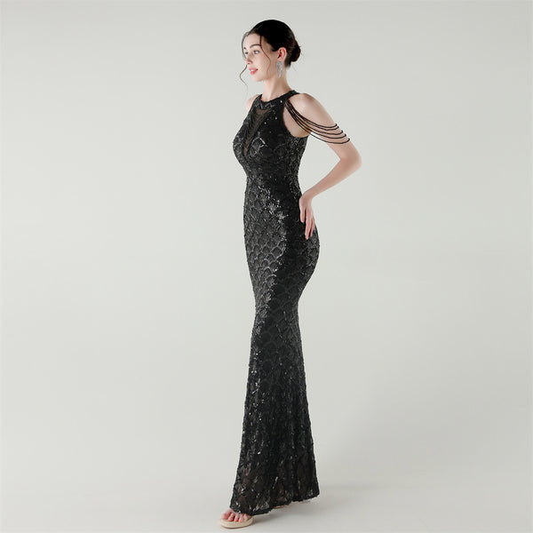 2025 High-Neck Draped Gown with Chain Detail & Scale Sequins