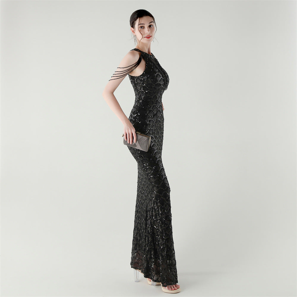 2025 High-Neck Draped Gown with Chain Detail & Scale Sequins