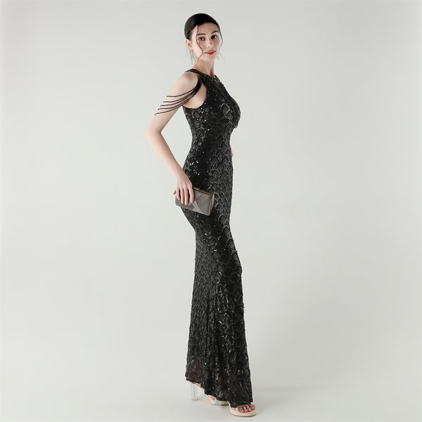 2025 High-Neck Draped Gown with Chain Detail & Scale Sequins