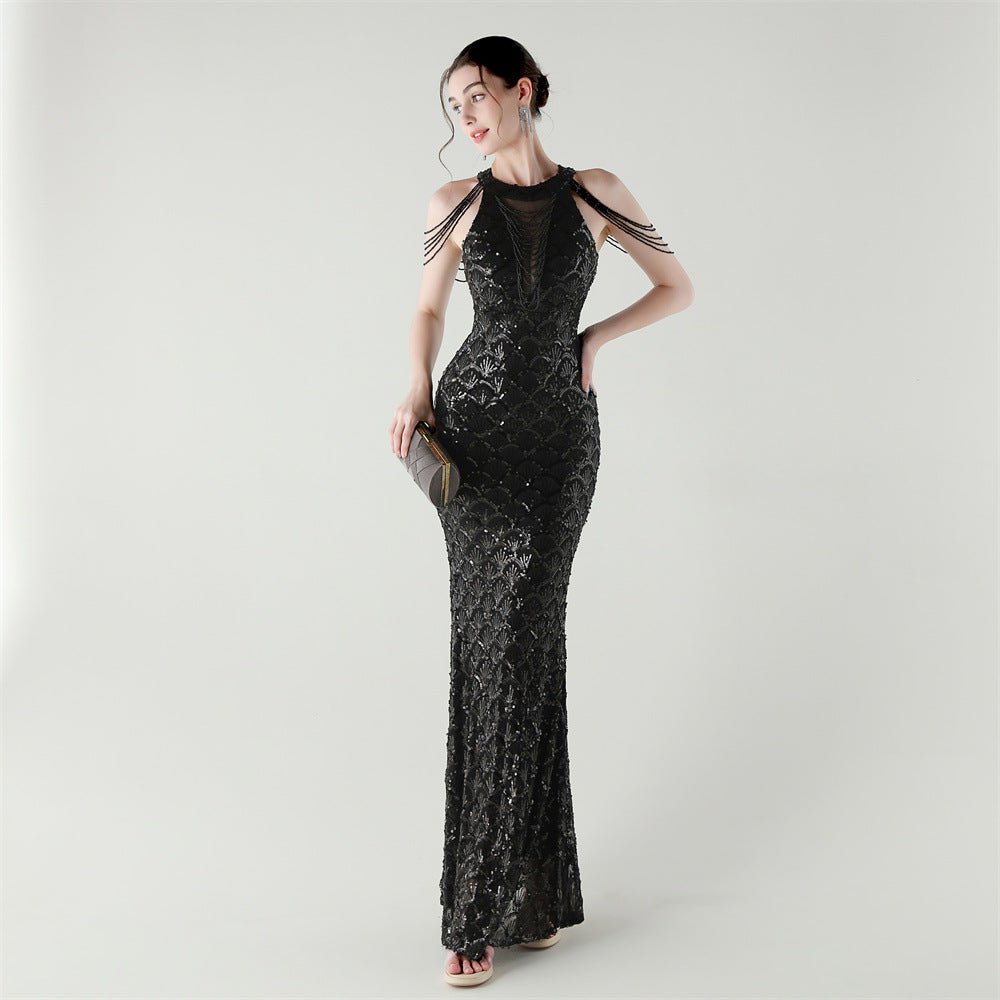 2025 High-Neck Draped Gown with Chain Detail & Scale Sequins