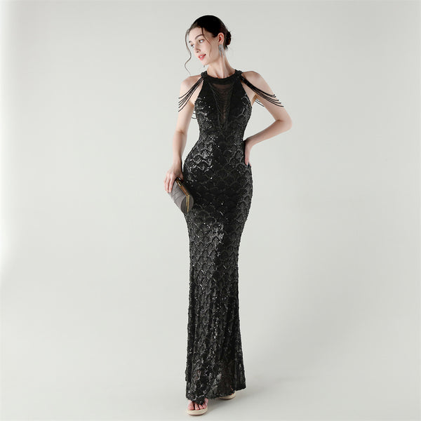 2025 High-Neck Draped Gown with Chain Detail & Scale Sequins