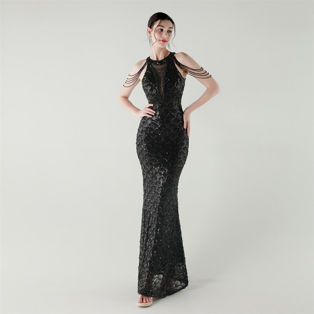 2025 High-Neck Draped Gown with Chain Detail & Scale Sequins