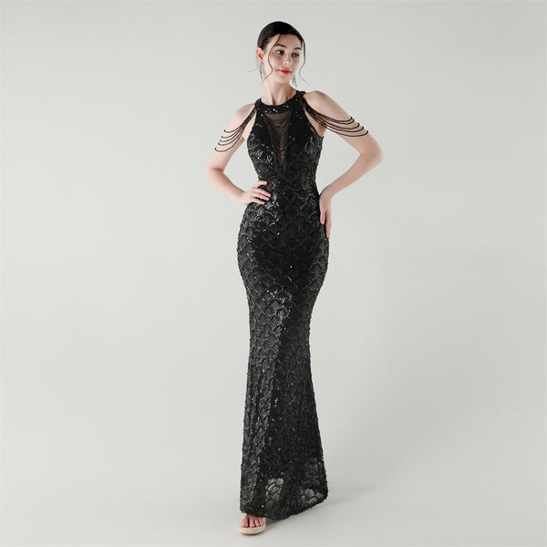 2025 High-Neck Draped Gown with Chain Detail & Scale Sequins
