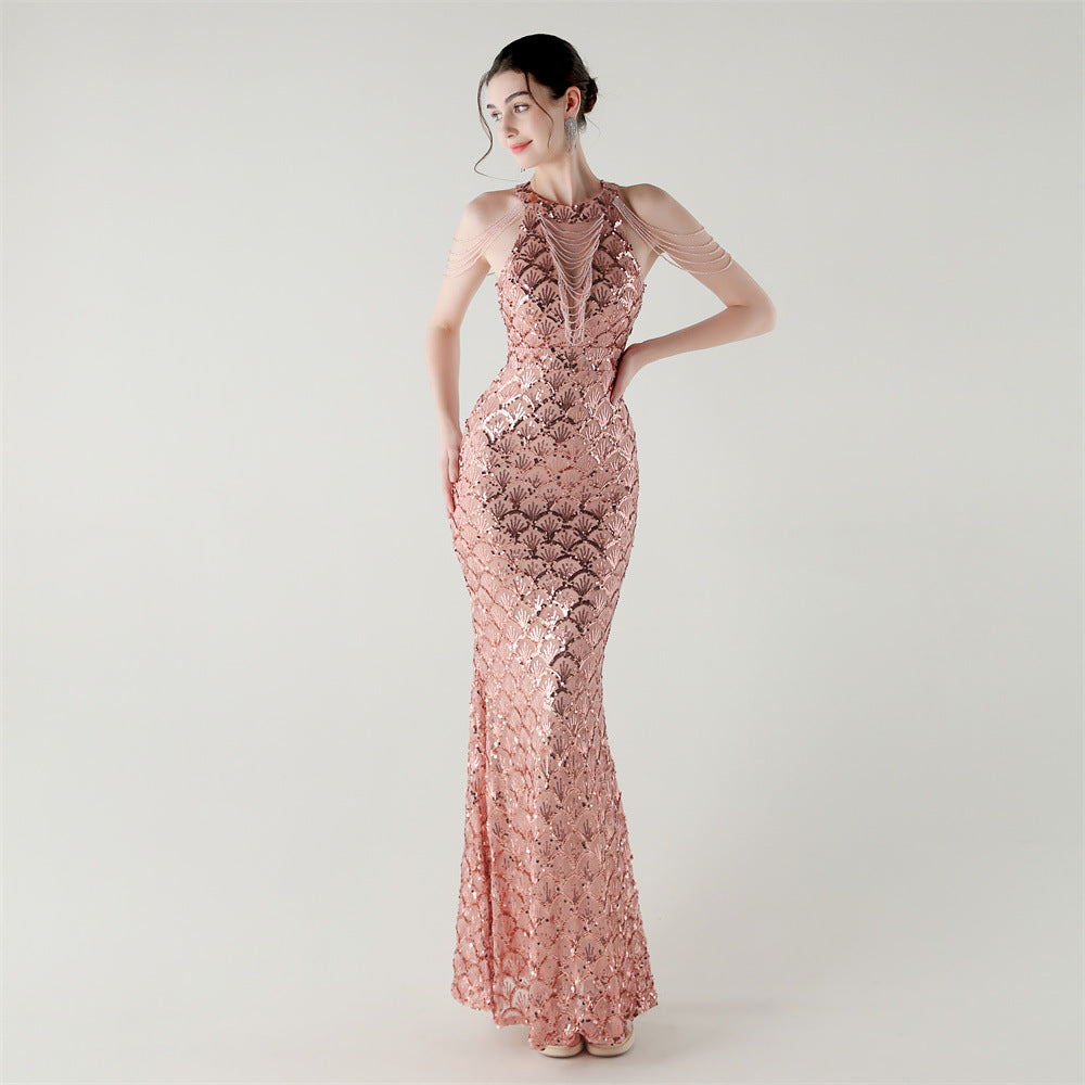 2025 High-Neck Draped Gown with Chain Detail & Scale Sequins