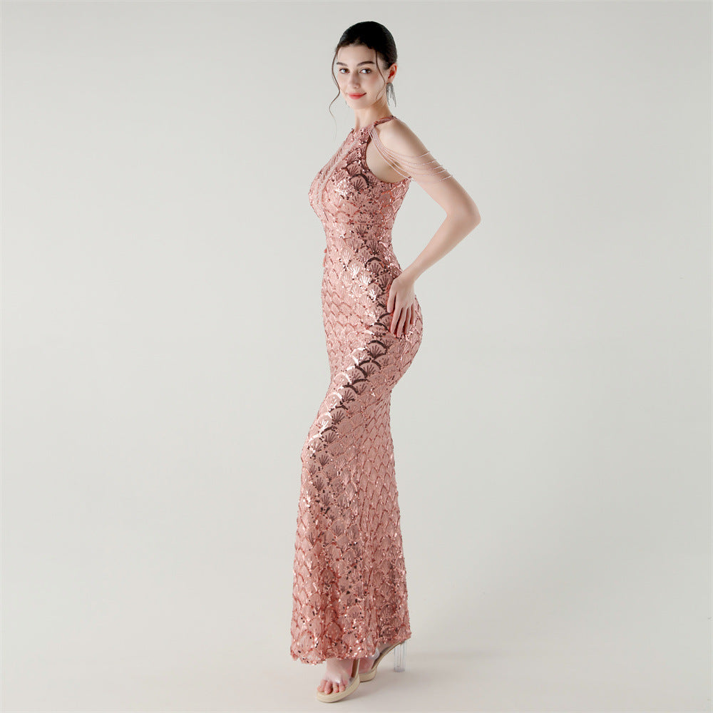 2025 High-Neck Draped Gown with Chain Detail & Scale Sequins
