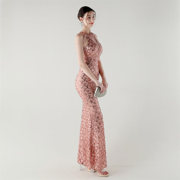 2025 High-Neck Draped Gown with Chain Detail & Scale Sequins