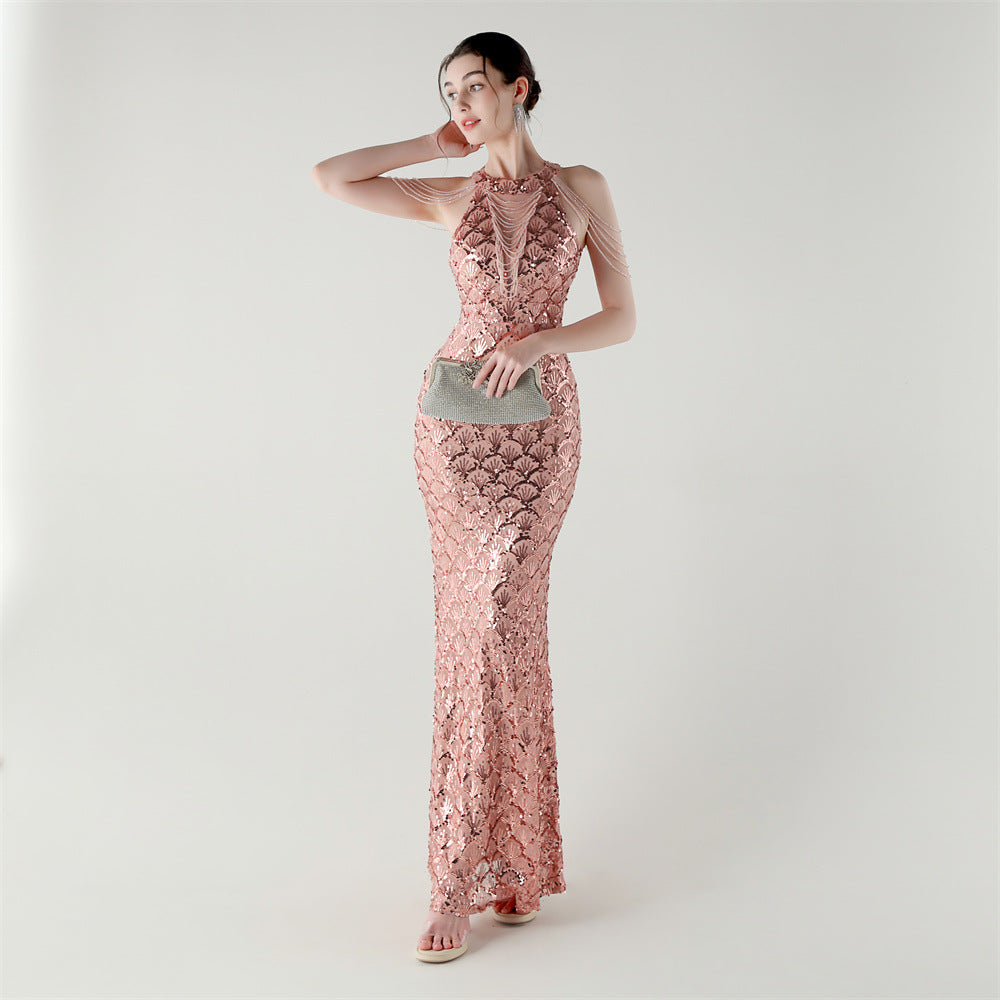 2025 High-Neck Draped Gown with Chain Detail & Scale Sequins