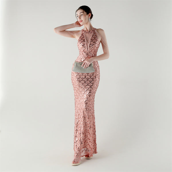 2025 High-Neck Draped Gown with Chain Detail & Scale Sequins