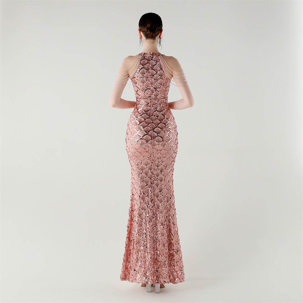 2025 High-Neck Draped Gown with Chain Detail & Scale Sequins