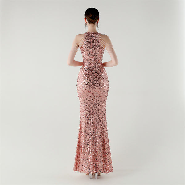 2025 High-Neck Draped Gown with Chain Detail & Scale Sequins